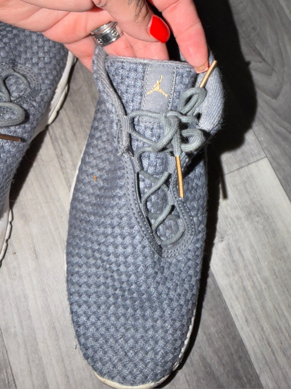 Jordan Women’s Grey Woven Slip-On Sneakers with Gold Accent
